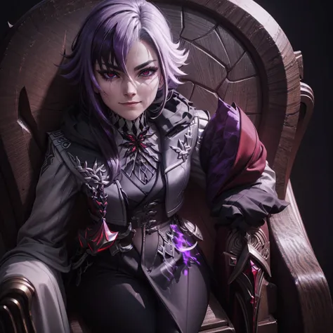 Sitting on a throne and smirking, epic, cinematic, dark, gloomy, purple-black background color patern, glowing red eyes, ultra detailed eyes, close up, detailed, 4k, 8k