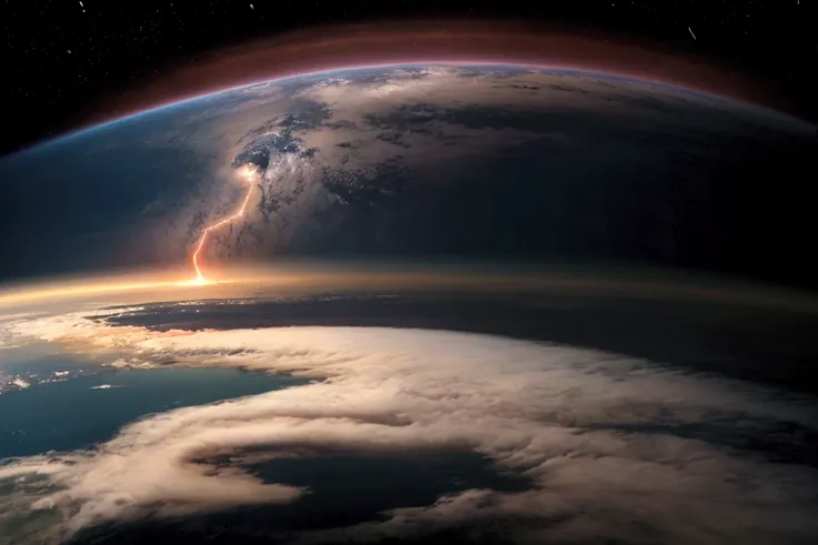  Planet Earth seen from an artificial satellite. Multiple nuclear explosions . thunderstorms. The end of the world.
