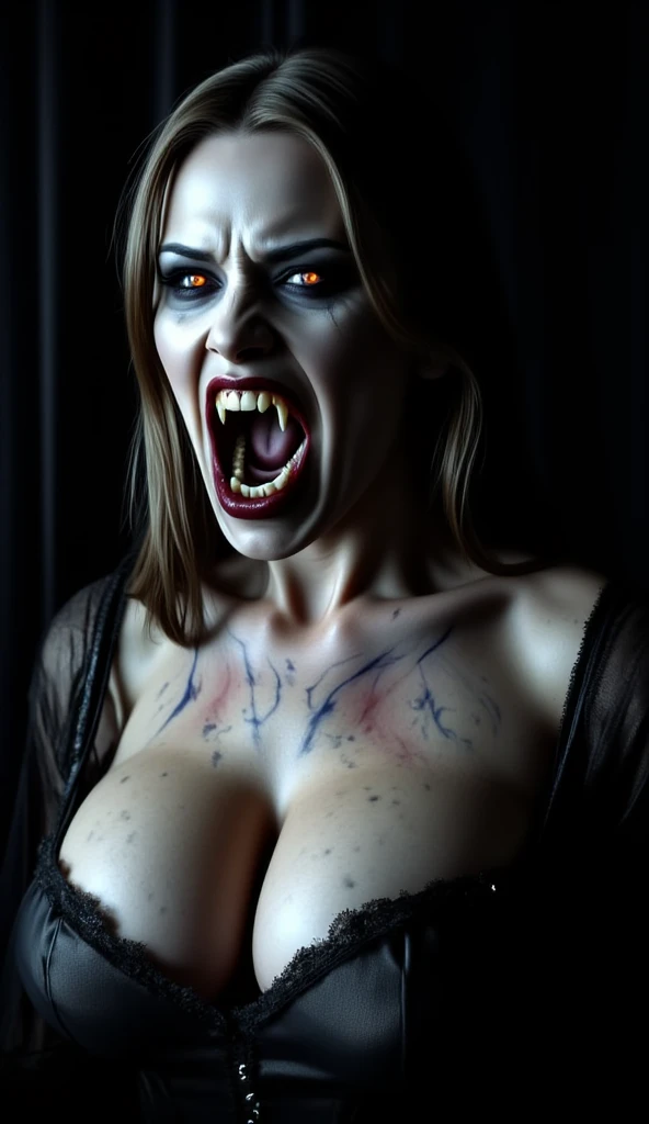 carnivorous beautiful scary female vampire, vampire fangs, A nightmarish, terrifying face, voluptuous, (gigantic sagging breasts), black victorian dress with deep cleavage, glowing eyes, (blue veins are visible through the skin all over the body and face:1...