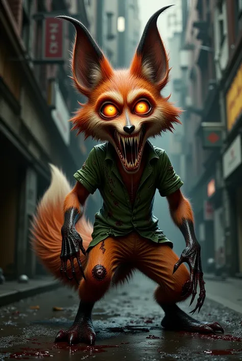 A horrifying version of Nick Wilde from Zootopia, reimagined as a sinister and nightmarish fox. His vibrant orange fur is now darkened and patchy, with exposed, scarred skin beneath. His charming grin has twisted into a menacing snarl, with unnaturally sha...