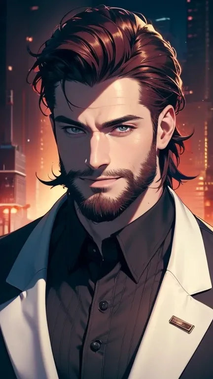 (  best quality,4K,8k,  highres,  masterpiece :1.2),  ultra-detailed  ,(realistic,photorealistic,photo-realistic:1.37),34 years old, man,3 day beard,Beautiful anime,Portraits,strong,Masculine,  with dark hair  ,sharp jaw,   mesmerizing eyes   , red-haired,...