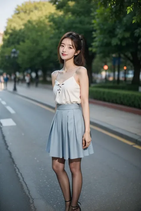 ((  best quality  )), ((masterpiece)), ( Details ),   1girl  ,18 year old japanese girl ，In the park square， First person perspective ， real person， 8k octagonal rendering ,  Shine Effect , Aho, preauricular hair,   With Thin Shoulder Straps Small Cute，Ple...