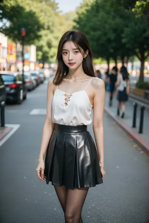 ((  best quality  )), ((masterpiece)), ( Details ),   1girl  ,18 year old japanese girl ，In the park square， First person perspective ， real person， 8k octagonal rendering ,  Shine Effect , Aho, preauricular hair,   With Thin Shoulder Straps Small Cute，Ple...