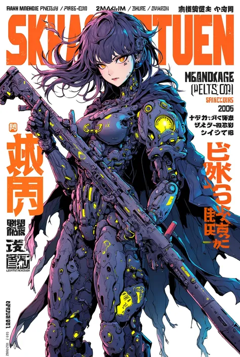 ((anime art style (((magazine cover))) illustration) of (cute Asian cyborg girl wearing a extremely intricate cybernetic plug suit and holding a rifle))、((Japanese text)), (Machine Body), ((LED lights)), ((wearing tattered cloak)).