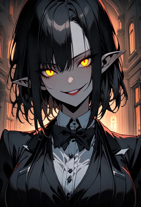  alone, female, sfw, medium plan, butler,  pointy ears ,  long black hair ,  golden eyes,  split pupils,  slightly glowing eyes: 0.5,  big boobs, butler pose,  sinister smile, mansion, night,  bow tie , elegant