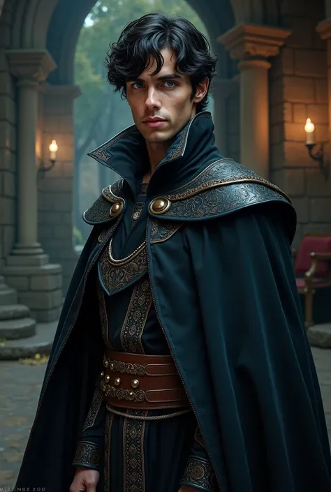 A young man with short wavy black hair, dark medieval robes, and blue eyes.