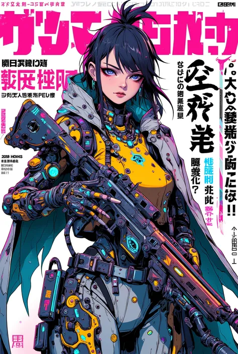 ((anime art style (((magazine cover))) illustration) of (cute Asian cyborg girl wearing a extremely intricate cybernetic plug suit and holding a rifle))、((Japanese text)), (Machine Body), ((LED lights)), ((wearing tattered cloak)).