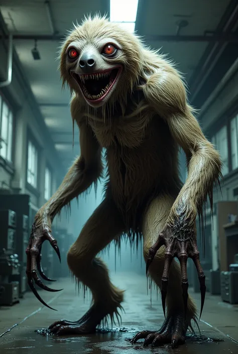 A horrifying version of Flash the sloth from Zootopia, transformed into a grotesque and unsettling creature. His movements are unnervingly slow but deliberate, with an eerie cracking sound accompanying every motion. His fur is damp and clings to his bony f...