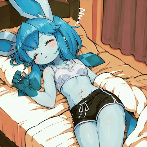 (furry, kemomo:1.5), Glaceon, 1girl, solo, small breasts, wearing a white tank top and black short shorts with white trim, tank top above breasts, exposed white bra, wrapped in a blanket, sleeping in bed, bedroom,