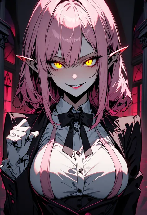  alone, female, sfw, medium plan, butler,  pointy ears ,  long pink hair,  golden eyes,  split pupils,  slightly glowing eyes: 0.5,  big boobs, butler pose,  sinister smile, mansion, night,  bow tie , elegant