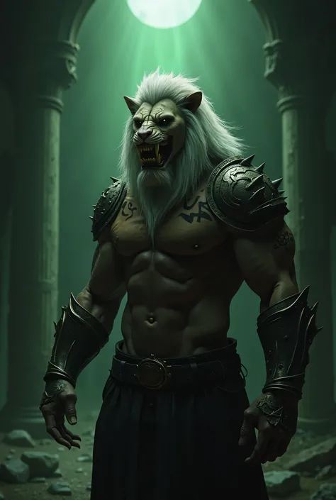 An anthropomorphic lion ,  muscular,  with a skull-like face ,  whose skin tone is dark , White hair,  with eyes of a different color ,  his ears are pointed and thin ,  your mouth must have no lips and have teeth with disparate teeth and dotted ,  must ha...