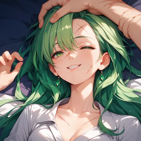 
4k anime style, Smooth anime CG, 8k anime, Best quality, High resolution,Superdetail,Perfect light,ager Anime, Long hair,emerald green hair, Emerald green eyes, medium chest, Beautiful waist, scars,burn scars on face and body,neutral, white pajamas,sleepi...