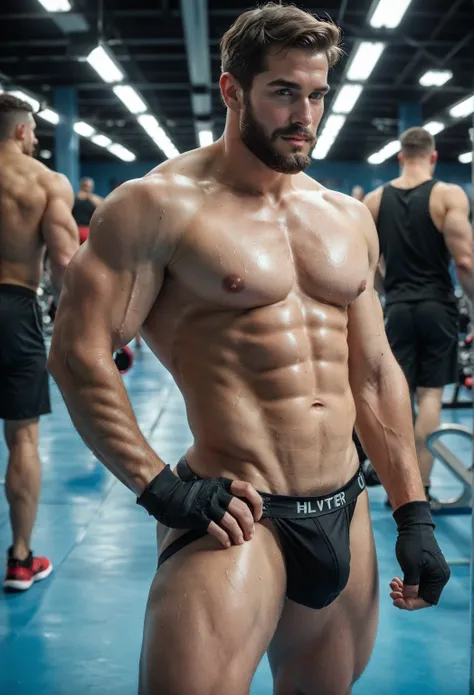 8K ultra-high-definition still image of a handsome Persian male supermodel , age 25, handsome, dreamy, beard, charming, sexy, masculine, chiseled physique, beefy, wearing black workout glove, a vintage jockstrap, sweaty, glistening, drinking Evian water in...