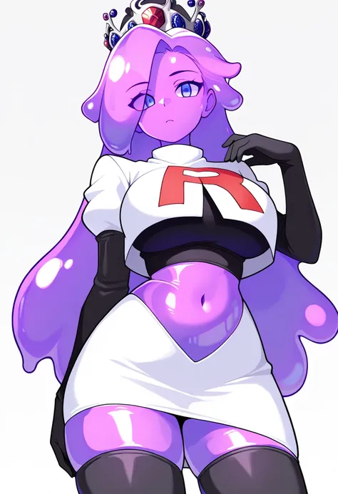 masterpiece, best quality, 1girl, solo, looking at viewer, queenslime, long hair, crown, colored skin, slime girl, large breasts, curvy, purple hair, team rocket,team rocket uniform,white skirt,red letter R,crop top,black thigh-highs,black elbow gloves, co...