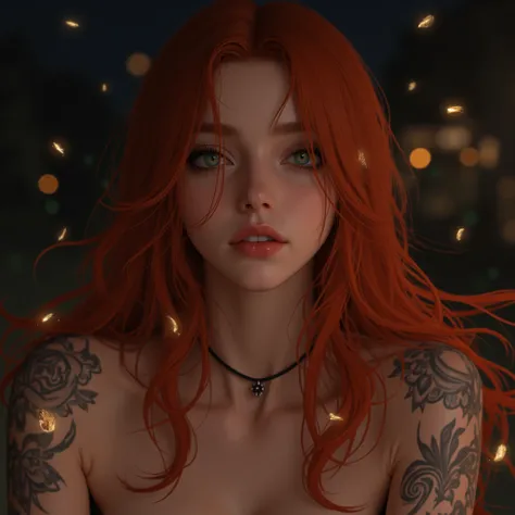 Anime high definition 3D redhead beautiful girl sexy night background seen full body 30 years old with floating tattoo 