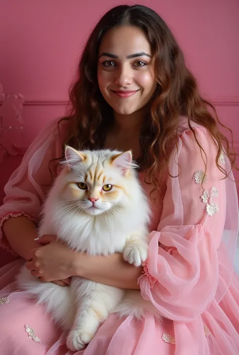  portrait of a 30 year old woman wearing a pink and long haired flower stelan dress . she is sitting in a badroom .dan di dia memeluk kucing anggora besar  portrait of a 30 year old woman wearing a pink and long haired flower stelan dress . she is sitting ...