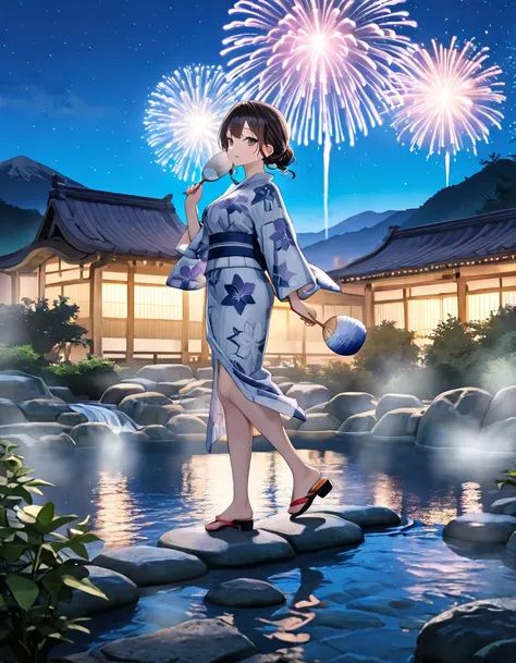 ((masterpiece)),  best quality,  SUPER DETAILS,  high resolution,  extremely detailed CG integrated 8K wallpaper, HQ_HDR, With a girl, ((((yukata)))),  detailed fireworks launch , (A five-foot ball seen from the mountainside), river, Walking Trails, plant,...