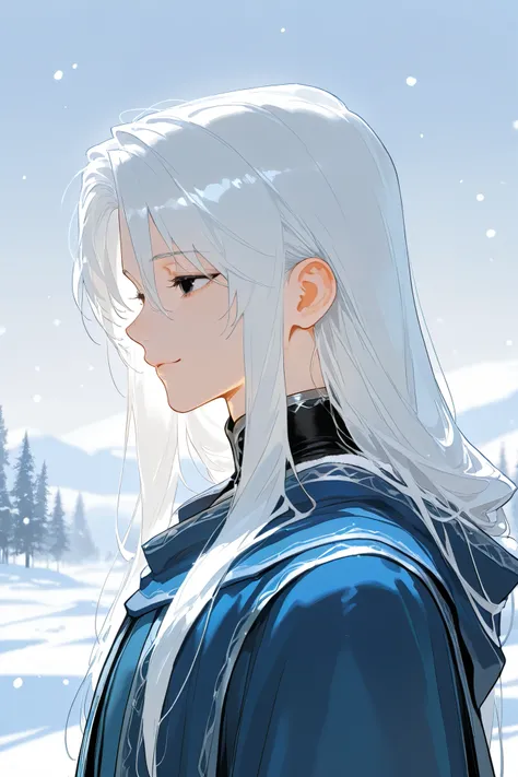 best quality, masterpiece,highest resolution,snow background, 1male, white hair, long hair, black eyes, blue robe, side view, solo,(smile:0.8),(sad:0.2),fantasy,look side