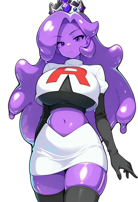 masterpiece, best quality, 1girl, solo, looking at viewer, queenslime, long hair, crown, colored skin, slime girl, large breasts, curvy, purple hair, team rocket,team rocket uniform,white skirt,red letter R,crop top,black thigh-highs,black elbow gloves, co...