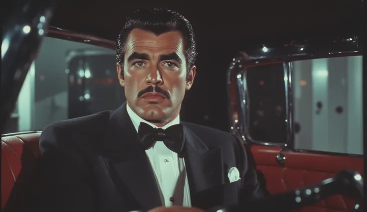  Cary Grant playing Mr. Wolf from Pulp Fiction,  wears a tuxedo and bow tie , Gummy and mustache , inspecting a car inside .  The inside of the car is  ,  even in the windows .  The car is in the garage of a house from the 50s. 1950s retro .