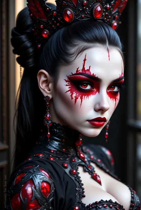 This is a highly detailed, close-up photograph of a person with an elaborate, theatrical makeup style. The subject has striking, white-painted skin with bold, red geometric patterns on the face, creating a stark contrast. The eyes are accentuated with thic...