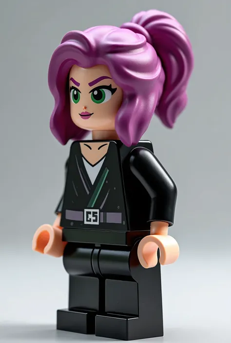 Lego minifigures female with magenta mikado hair, green eyes and style black outfit. She has backache. 