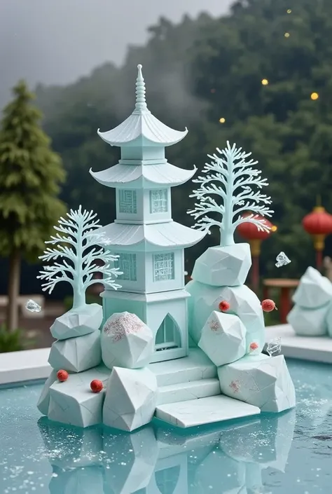 Cardboard art engraving,Milo_zsyd , this is a photo of an elaborate ice sculpture against a soft, natural light background. At the center of the photo is a beautifully carved ice building that replicates a peaceful landscape that includes a traditional of ...