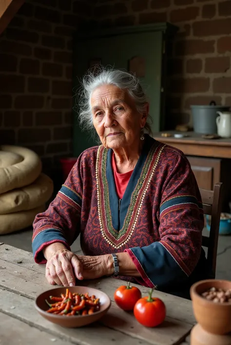 Digital image of an older woman, approximately 60 years old, dressed in traditional clothing from Oaxaca, Mexico, sitting quietly in what appears to be a rural home in Mexico. In the foreground, there is a small bowl with dried chili peppers and some tomat...