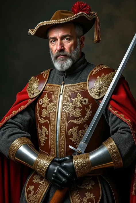 16th century captain Joachim Stein. He is a czech knight, with slightly receding greyish hair and goatee, wearing renaissance knight clothes, pointy hat, armed with sabre and 16th century rifle 