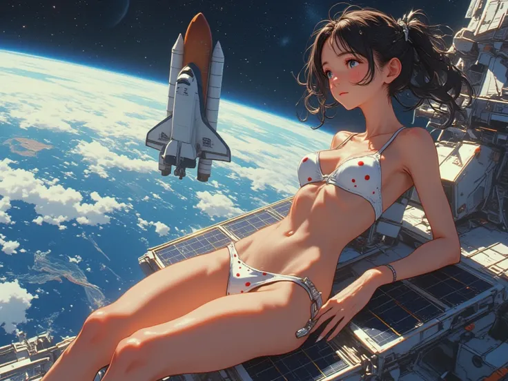  general plan, BREAK/ a splendid young girl sunbathes in a bikini on the solar panels of a satellite in orbit, BREAK/ the bikini is white with red dots BREAK/ on the image we can see part of the planet Earth in the background as well as an American space s...