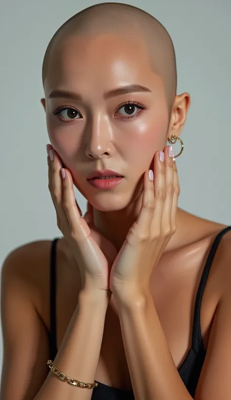   This is a studio photograph , An Asian woman , (very embarrassed), her completely smooth wax oil polished shiny bald head, brown-tanned skin,,  heavy excessive makeup, full body