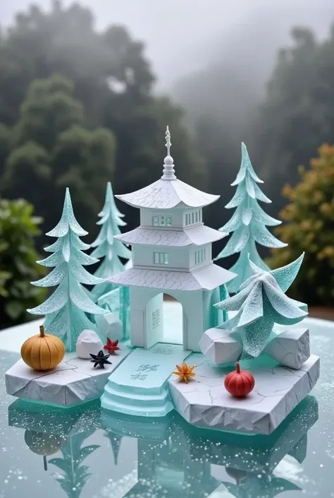 Cardboard art engraving,Milo_zsyd , this is a photo of an elaborate ice sculpture against a soft, natural light background. At the center of the photo is a beautifully carved ice building that replicates a peaceful landscape that includes a traditional of ...