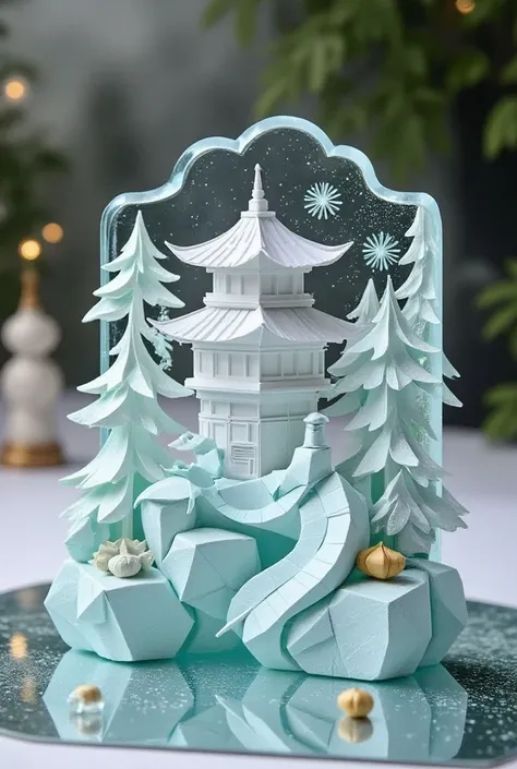 Cardboard art engraving,Milo_zsyd , this is a photo of an elaborate ice sculpture against a soft, natural light background. At the center of the photo is a beautifully carved ice building that replicates a peaceful landscape that includes a traditional of ...