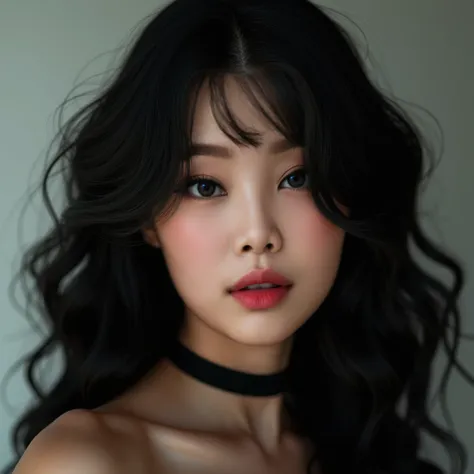 a beautiful woman with doll eyes, black wavy hair, full lips, detailed facial features, stunning portrait, highly realistic, 8k, photorealistic, masterpiece, professional photography, cinematic lighting, dramatic shadows, delicate skin, flawless makeup, fa...