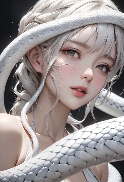 (masterpiece, best quality:1.2), solo, Snake Woman, delicate hair formed by thin white snakes, The realistic thin white snake's face wobbles with lively movements, UHD, retina, masterpiece, accurate, super detail, high details, high quality, award winning,...