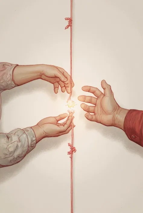 It generates an image where the hands of a man and a woman try to touch each other and are connected by a red thread, That only the hands can be seen