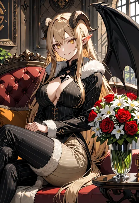  alone, female, long beige hair, straight hair,  black goat horns ,  short pointed ears,  golden eyes,  split pupils,  big boobs, high, medieval,  black business suit ,  red shirt, spade tail ,  black demon wings , chalk stripe,  striped pants , together, ...