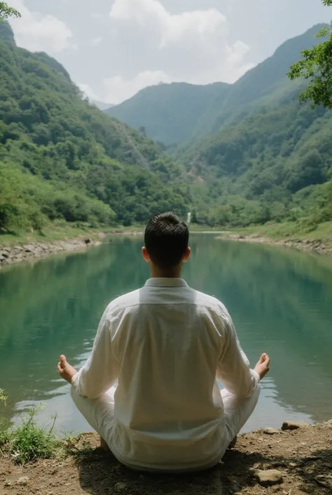 A man is meditating, Natural scenery, from behind, Neat meditation attire, masterpiece, best quality, detailed, high resolution, photorealistic