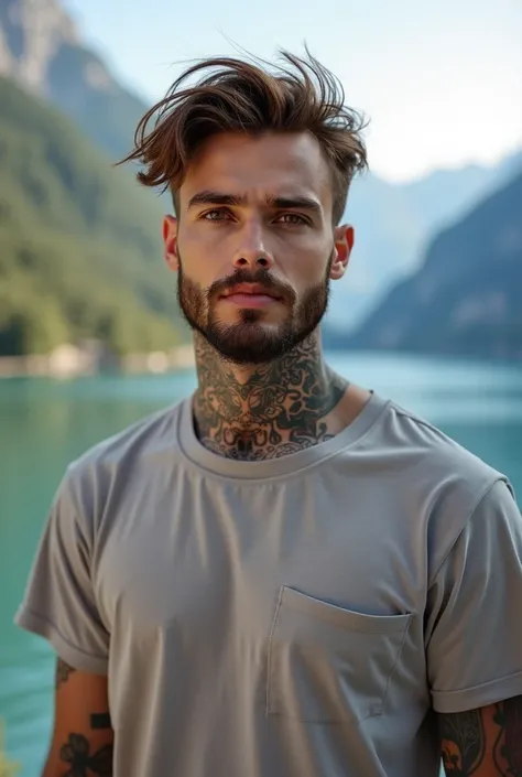 Ultra-realistic portrait of a young Caucasian man with a well-groomed beard, slightly messy brown hair, and light skin with natural tones. Detailed, modern tattoos are visible on his arms and along the upper neck, designed in a contemporary urban style. He...