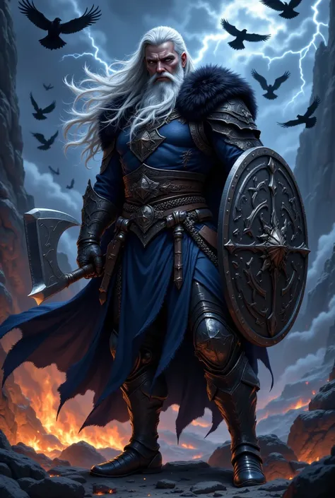 This is a digital artwork depicting a fierce, bearded warrior in a medieval or fantasy setting. The warrior, with long, flowing white hair and a thick beard, stands in the center of the image. He wears a heavy, dark blue chainmail armor that covers his che...