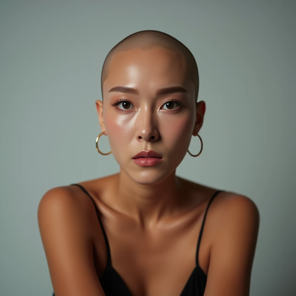  This is a studio photograph ,  An Asian woman ,  full body shot, (very embarrassed), her completely smooth wax oil polished shiny bald head, brown-tanned skin,, powerful excessive makeup 