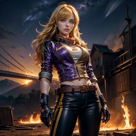 nighttime, stars, yangxiaolong, yang xiao long, long hair, blonde hair, (purple eyes:1.3), ahoge, bangs, BREAK cleavage, jacket, black pants, belt, mechanical arms, single mechanical arm, prosthesis, prosthetic arm,  BREAK outdoors, standing in field, brok...