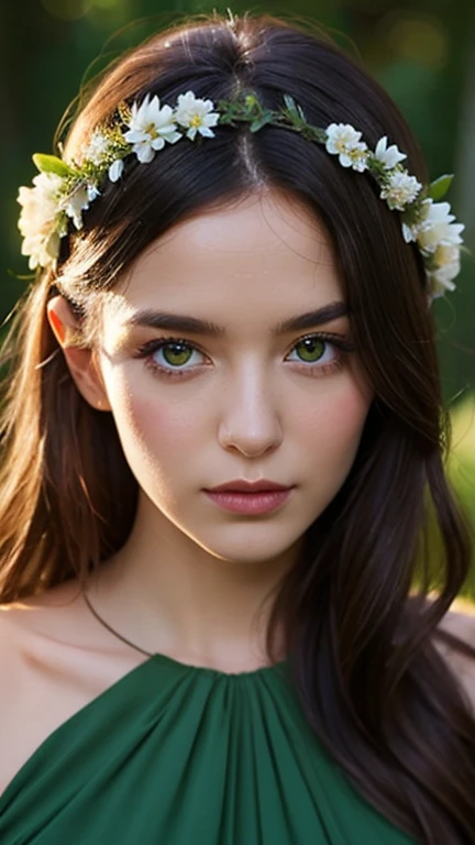 A forest nymph. She has the features of a Scandinavian woman. She is wearing a green dress with long sleeves. She has long, straight, brown hair. And she is wearing a wreath of flowers. Fantasy. Magic. Nocturnal. Fantastic. Aereal feelings.