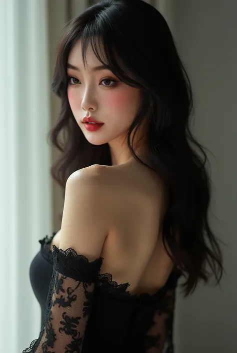 A stunning Korean woman with long, silky black hair and bangs. She exudes elegance and allure, wearing a sophisticated black lace outfit that accentuates her figure. Her confident pose and captivating gaze add to her charm. The background is minimalistic, ...