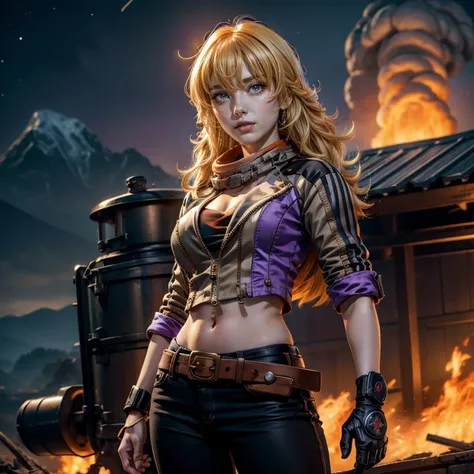 nighttime, stars, yangxiaolong, yang xiao long, long hair, blonde hair, (purple eyes:1.3), ahoge, bangs, BREAK cleavage, jacket, black pants, belt, mechanical arms, single mechanical arm, prosthesis, prosthetic arm, BREAK outdoors, standing in field, broke...