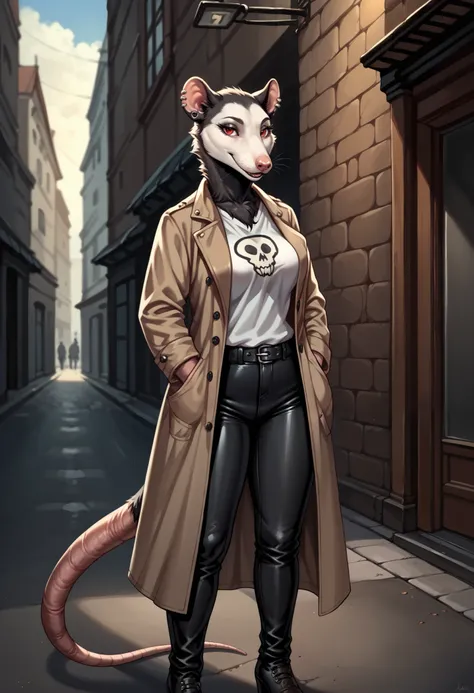 Stylized Anime artwork, 135mm+ focal length, furry, female, opossum, street, long black trench coat, skull-print t-shirt, leather pants, detailed digital acrylic painting, color graded,  studio ghibli, highly detailed, red eyes, clear eyes, left ear pierci...