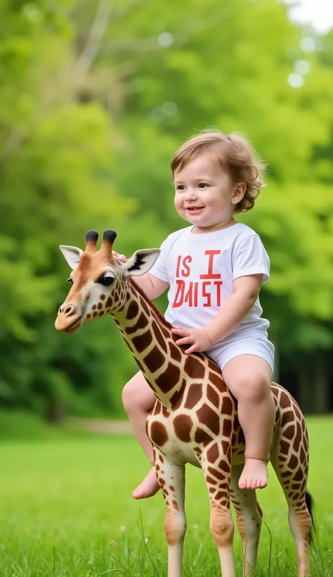 "Create a realistic, high-resolution image of a baby riding a small giraffe in a lush green park. The baby is wearing a white shirt with red text and white shorts. The giraffe has a detailed pattern of brown and white spots, and the scene is brightly lit w...