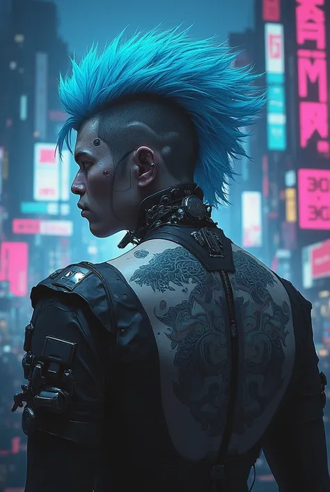 Gothic boy with mohawk cut and with metal parts on the collar,  blue hair ,  expansions on the ears , back view and profile dragon tattoo on back in the background of a city with neon and dark colors