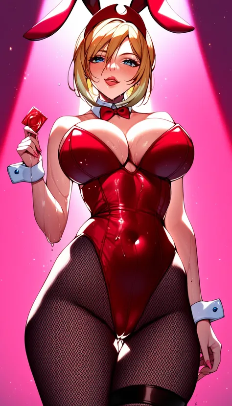 Pokemon irida、Big Breasts、 blonde、 blonde, Playboy Bunny , Big Breasts, smile,  licks lips, side, holding condom,  wet, sweat, , gap,  pantyhose,  backlight, fishnet  pantyhose,  naughty face on wet vagina,  pink background, ( skidentation :1.2),  curvy,  ...