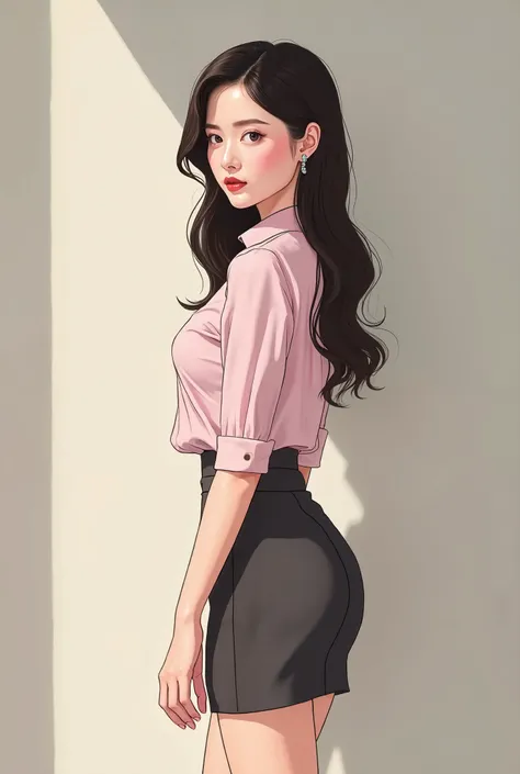 Picture a beautiful Korean woman wearing a short, tight office look. Wear an ultra-mini H-line skirt that fits tightly to a light pink blouse. The expression is bold and , The posture is a position where you stand against a wall, pull out your hips slightl...